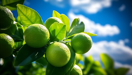 Poster - Cluster of Bright Limes on Branch with Vibrant Sky Background : Generative AI