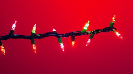 Poster - Festive Multicolored Christmas String Lights Against Bright Red Background : Generative AI