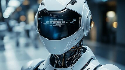 Poster - Humanoid robot with advanced technology in a futuristic urban environment showcasing innovation