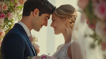 A beautiful bride and groom sharing a moment under an archway adorned with flowers, showcasing love and celebration.