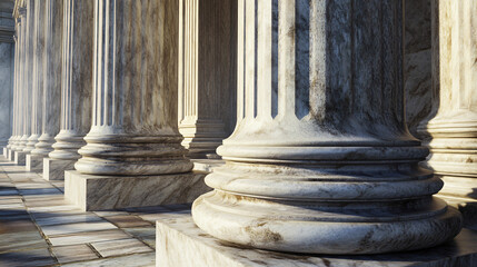 Poster - Sunlight illuminating a row of classical marble columns in a perspective view that emphasizes their imposing size