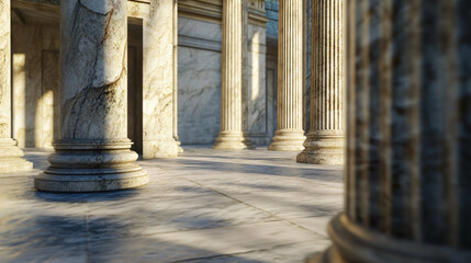 Poster - Sunlight is illuminating a majestic perspective of marble columns in a classical building