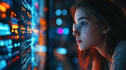Poster - a young woman with glasses examines vibrant digital data on a screen in a darkened room during eveni