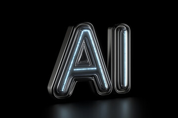 Poster - image is of a blue letter Ai with a black background. The letter is illuminated and he is part of a larger design. Scene is futuristic and modern, with the blue color scheme and the glowing letter