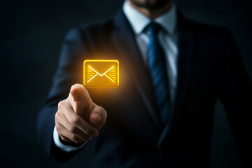 Aufkleber - woman is holding a yellow envelope in front of a laptop. The envelope is glowing and he is an email. Concept of communication and the importance of staying connected with others through technology