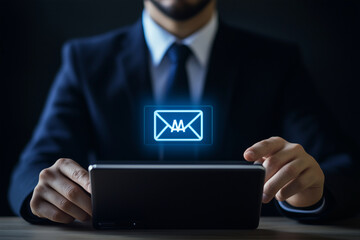 Poster -  man wearing a suit and tie is holding a tablet with a blue envelope on it. Concept of professionalism and formality