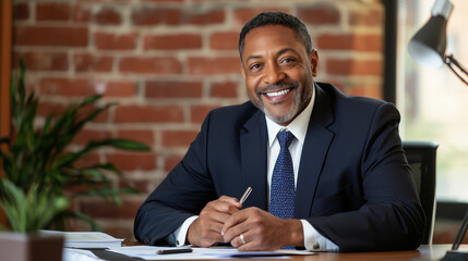 Engaged at work: A cheerful professional man sitting at a desk, holding a pen and looking attentive during a meeting or collaborative session. The backdrop of a brick wall and an o