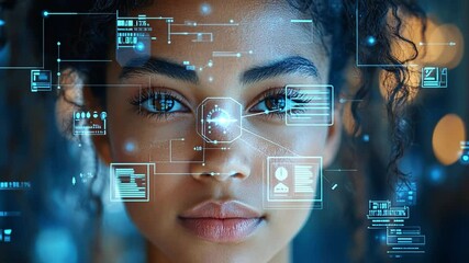 Poster - Young woman with curly hair interacts with digital technology in a futuristic setting