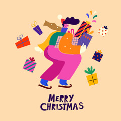 Wall Mural - merry christmas and new year holiday illustration. christmas decorative banner with fun character, c