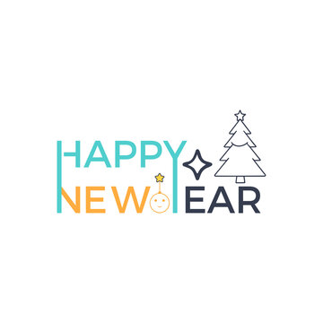 Happy new year with tree illustration white background