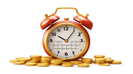 Poster - 3d calendar and alarm clock with gold coins around, the concept of a reminder of timely payment for services, vector illustration in realistic style isolated on white background