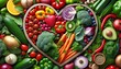 © organik - organic and fresh vegetables in heart shape on background. vegan or vegetarian concept. healty foods.