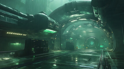 Poster - 3d illustration, clean futuristic alien sci-fi fantasy hangar tunnel corridor