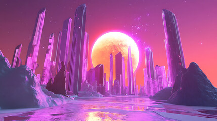 Aufkleber - 3d illustration, alien sci-fi city with optical flares