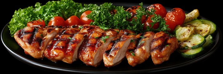 Grilled chicken with zucchini and tomatoes on a black plate