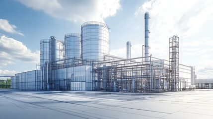 Fototapete - 3d rendering, wire frame model of industrial buildings