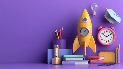 Poster - 3d rocket and school supplies around, graduate cap, alarm clock, pencil, calendar, book, light bulb, the concept of the pursuit of knowledge,illustration on a purple background,3d rendering