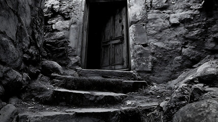 Poster - At the foot of the ancient stone steps, a dark, unsettling basement door is open
