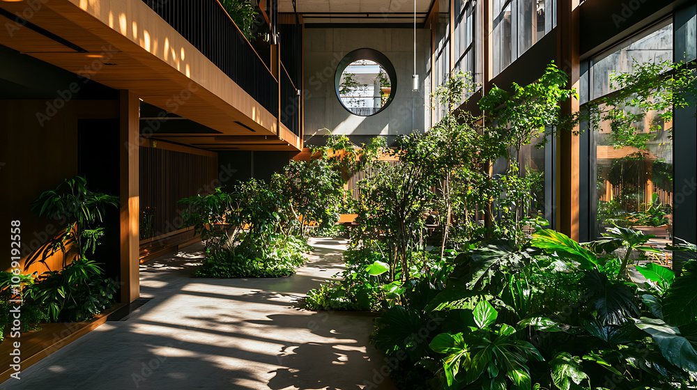Biophilic architecture design with lush vegetation and greenery ...