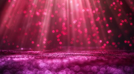 Wall Mural - Magic of pink, magenta rays like lasers, falling on stage with red glittering bokeh in studio, Christmas or love atmosphere for luxury and artistic backdrop.