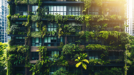 Poster - Biophilic architecture design with lush vegetation and greenery, Building providing connection to nature for its inhabitants, Reducing the carbon footprint and promoting sustainability