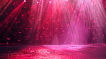Wall Mural - Pink, magentas light particles and rays falling on stage with red glittering studio light, Christmas or love atmosphere for luxury and artistic backdrop.
