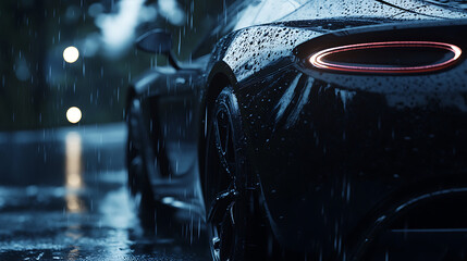Leinwandbilder - Close up of a generic unbranded luxury dark car under rain