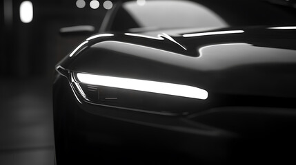 Poster - Close up on headlight of a generic and brandless modern black car