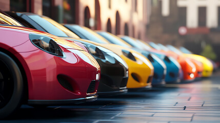 Poster - generic and unbranded cars parked in row on outdoor parking, front view