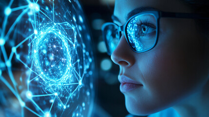 Poster - Scientist utilizing a digital hologram interface for network and data analysis