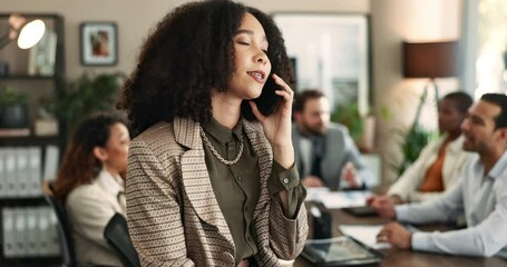 Aufkleber - Happy, business woman and meeting with phone call for proposal, discussion or conversation at office. Young, female person or employee consultant talking on mobile smartphone for chat at workplace