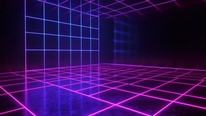Wall Mural - abstract background with a blue and purple neon grid, dark room, square patterns on the floor, black