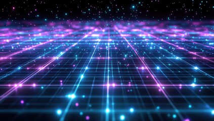Poster - abstract grid background with neon blue and purple lights, dark background generative ai
