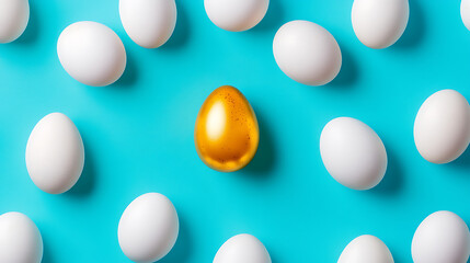 Aufkleber - One golden egg among white eggs on blue background