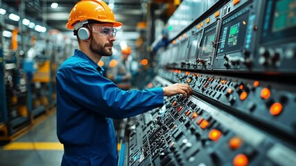 Poster - worker operating machinery in a factory setting with control panels during the daytime shift