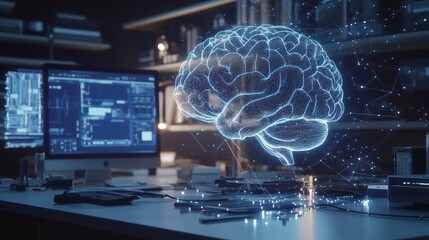 Poster - A glowing digital brain hologram above a desk with computers and books in a modern workspace during a late-night study session