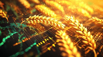 Poster - The symbolism of wheat in agriculture with stock market trends glowing yellow and green