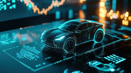 Poster - the symbol of electric vehicles a glowing ev car icon with market trends