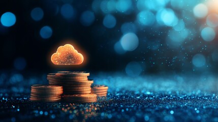 Poster - Stack of coins with glowing cloud symbol, digital economy concept