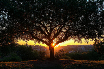 Wall Mural - Sunset glowing through tree branches over a city skyline