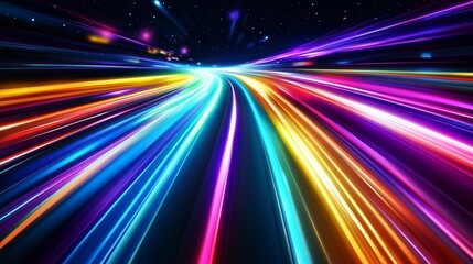 Poster - colorful light trails create a vibrant pathway in a starry night sky along a futuristic road full of
