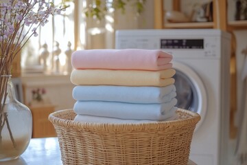 Stacked freshly laundered towels in a woven basket near a washing machine in a bright kitchen