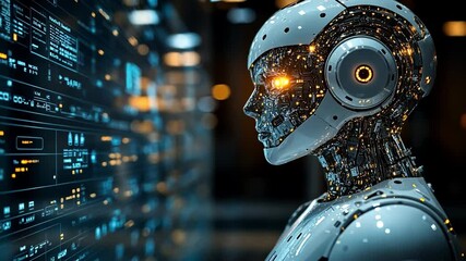 Poster - A humanoid robot with intricate circuitry interacts with digital displays in a modern lab