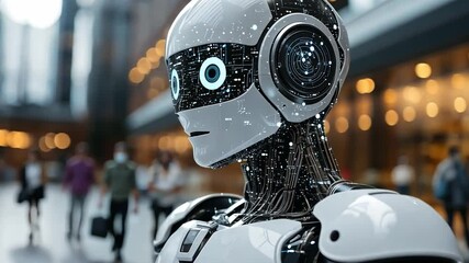 Poster - futuristic robot displaying intricate circuitry in a bustling modern building during daytime