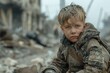 © Minerva Studio - Serious young boy covered in dust sits in the aftermath of destruction, his expression reflecting the harsh realities of war and survival in a torn world