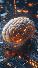 Leinwandbilder - 3d rendering of a human brain glowing over a motherboard, symbolizing the potential of artificial intelligence
