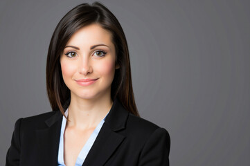 Confident businesswoman smiling on a grey background