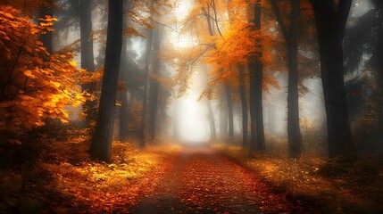 Quiet autumn forest path covered in fallen leaves, surrounded by trees with vibrant orange and yellow foliage, and a soft mist that adds a serene and peaceful ambiance.