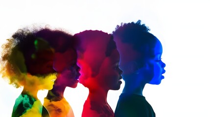 Poster - Silhouettes of children with colorful overlays on a white background.