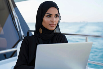 a Middle Eastern woman studying on her laptop on a yacht